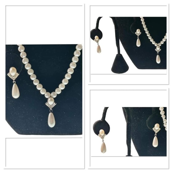 Vintage baguette rhinestones & faux Pearl drop beaded necklace with pierced - Picture 5 of 9